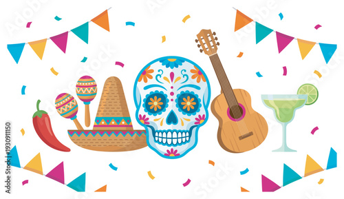 Colorful sugar skull, sombrero, maracas, guitar, and margarita celebrate vibrant Mexican culture and traditions.
