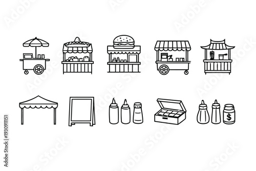 Food stall icons set for street food business or outdoor events simple outline drawing