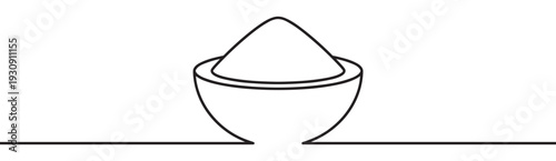 Continuous line drawing of a bowl of powder, illustrating essential cooking ingredients or baking components with a minimalist aesthetic.