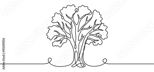 Continuous line drawing of a tree with a flowing, elegant single stroke design representing nature and growth.