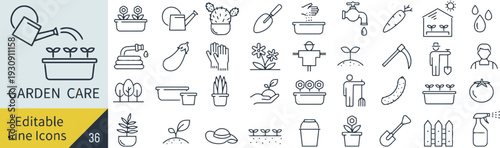 Garden care editable line icon set, collection of gardening tools, plants and agriculture symbols