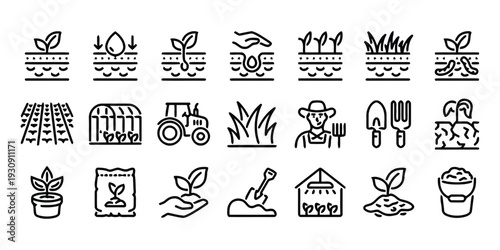Gardening and agriculture flat icons set, organic farming and plant cultivation symbols