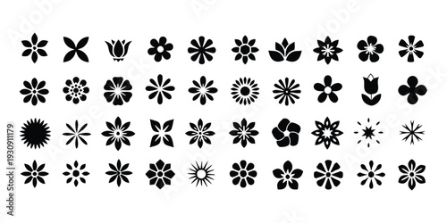 Diverse assortment of black silhouette flower icons in various shapes and styles