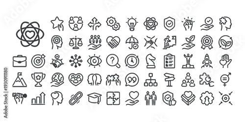 Diverse collection of business and life concept icons hand-drawn style on white background