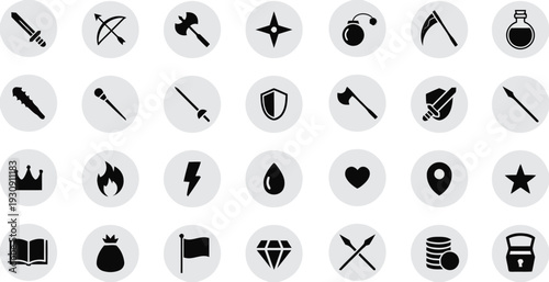 Fantasy game assets and medieval weapon icons collection on round backgrounds