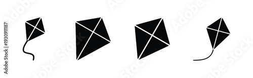 Four black kite icons on white background flying high in the sky