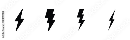 Four black lightning bolt icons on white background energy symbol
