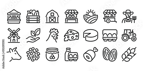 Farm and agriculture icon set vector outline drawing