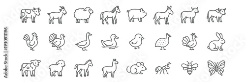 Farm animals and livestock collection with domestic bird and insect icons