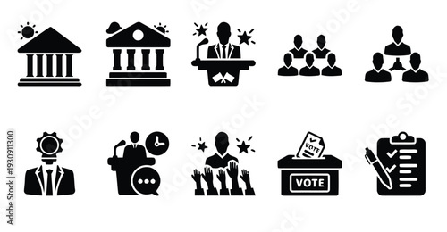Government and election icons representing institutions and civic participation