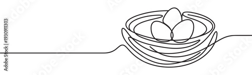 Continuous line drawing bird nest with three eggs nestled inside, a minimalist illustration symbolizing new life, family, and natural growth.