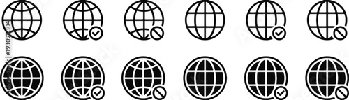 Globe icons set with checkmark and blocked symbols representing global connection and restriction