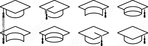 Graduation cap line icon set showing different angles and tassel positions