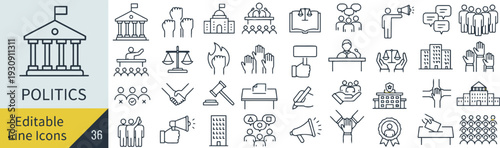 Government and legal system line icons for democracy and election design