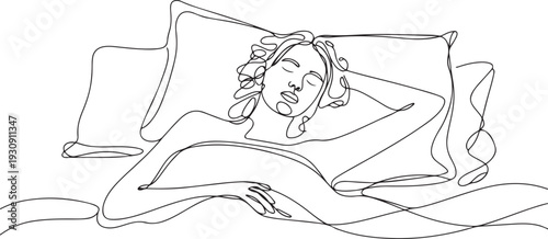 Continuous single line drawn character girl woman in bed wakes up in the morning. one line Icon drawing
