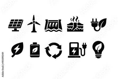 Green energy and renewable resources icons with solar panel, wind turbine, dam, and geothermal elements