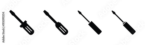 Four screwdriver icons in black, representing tools for repair and construction on white background