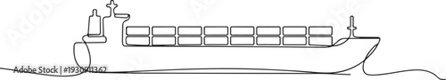 Continuous one drawn line cargo ship silhouette. one line Icon drawing