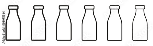 Group of six simple outline milk bottle icons on white background beverage containers