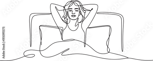 Continuous single line drawn character girl woman in bed wakes up in the morning. one line Icon drawing