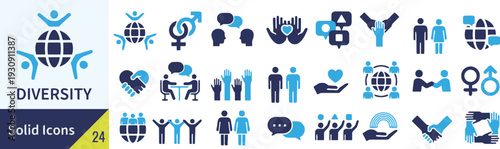 Diversity solid icons set featuring people, gender, communication, and global unity symbols