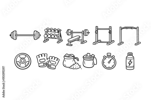 Gym and fitness equipment icons including barbell, dumbbells, weight bench, squat rack, pull-up bar and stopwatch