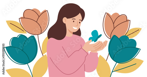 Woman gently holds a small blue butterfly in her cupped hands, surrounded by stylized flowers and leaves, symbolizing care and nature.