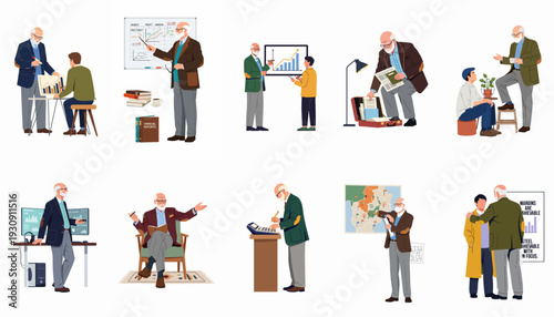Senior mentor guides young professionals in business, finance, and career development, featuring diverse scenes of teaching, analysis, and strategic planning.