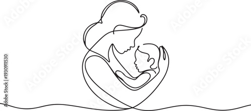 Logo with mother holding her baby with heart shape. Continuous line art vector illustration. Mothers day. one line Icon drawing