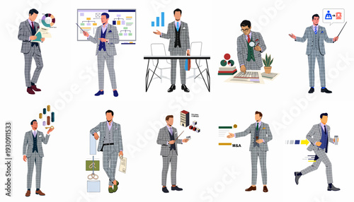 Modern businessmen illustrations showcasing diverse financial and corporate activities, including analysis, strategy, presentations, and mergers & acquisitions.