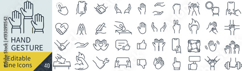 Hand gesture icons in a linear style collection