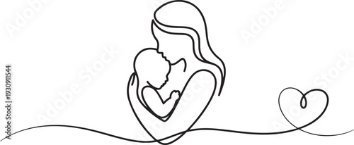 Logo with mother holding her baby with heart shape. Continuous line art vector illustration. Mothers day. one line Icon drawing