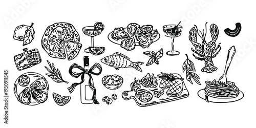 Hand drawn seafood and gourmet food icons with wine and pizza elements
