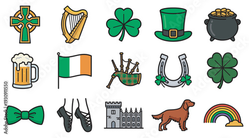 Irish symbols and St. Patrick's Day icons collection featuring traditional cultural elements and festive objects for celebration.