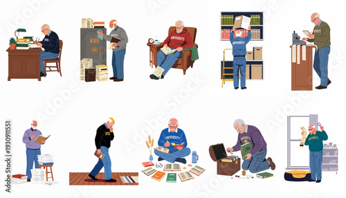 Senior men at university, diligently studying, researching, and archiving academic materials, showcasing lifelong learning and dedication to knowledge preservation.