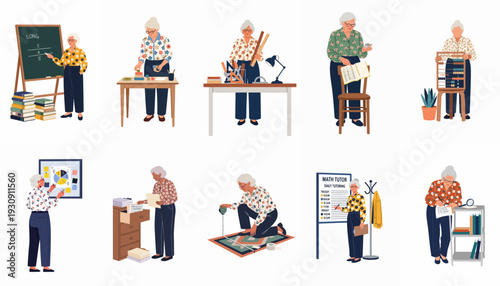 Diverse scenes of a senior woman actively engaged in math, teaching, problem-solving, and organizational tasks, showcasing lifelong learning and intellectual pursuits.