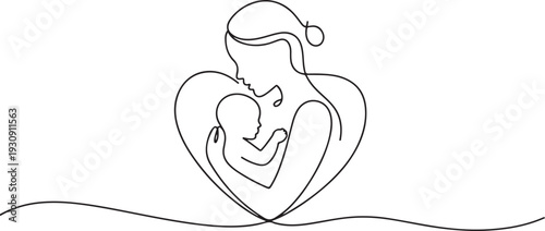 Logo with mother holding her baby with heart shape. Continuous line art vector illustration. Mothers day. one line Icon drawing