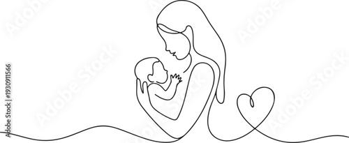 Logo with mother holding her baby with heart shape. Continuous line art vector illustration. Mothers day. one line Icon drawing