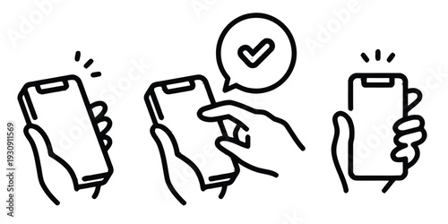 Hand holding smartphone showing notification and check mark with digital interaction concept