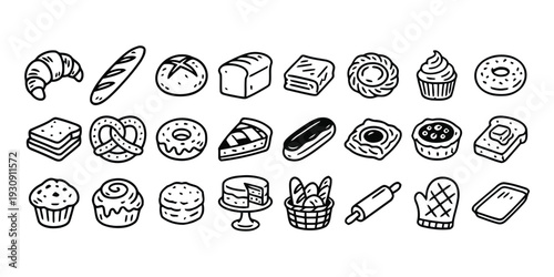 Hand-drawn black and white bakery items collection including bread pastries and cakes