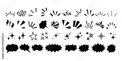 Hand-drawn explosion, sparkle, and speech bubble graphic elements