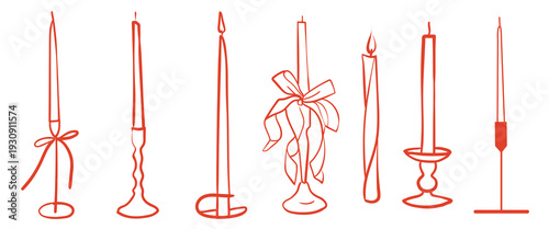 Hand-drawn festive candles collection for event, wedding or party decor, cafe menu or branding in line art style