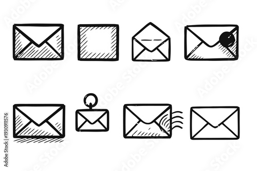 Hand-drawn sketch icons of envelopes and mail delivery
