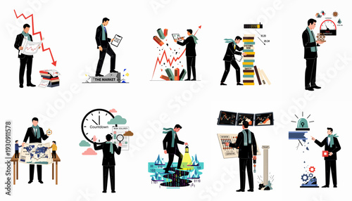 Comprehensive illustration of business challenges, market risks, financial crisis, and strategic risk management, depicting analysis, mitigation, and decision-making in a volatile economic landscape.