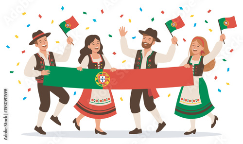 Portuguese people in traditional costumes joyfully celebrate with national flags and falling confetti during a cultural festival.