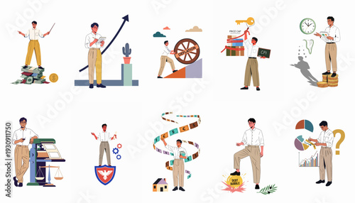 Comprehensive illustrations of economic concepts: financial analysis, investment strategies, market indicators, inflation, deflation, debt management, and business growth.