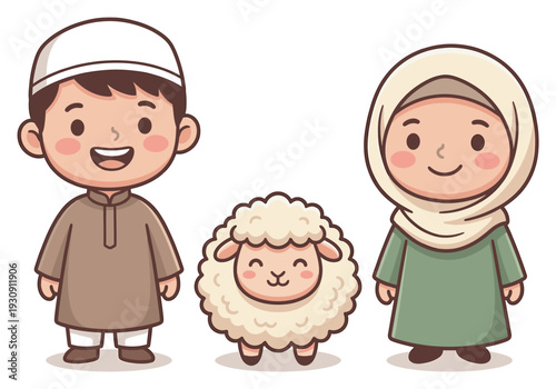 Muslim boy, girl, and sheep characters joyfully celebrate the festive occasion of Eid al-Adha with happiness and togetherness.