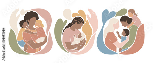 Diverse mothers and children embracing love and care within a protective, nurturing, and supportive family environment.