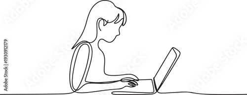 Continuous one line drawing girl sits at a laptop. one line Icon drawing