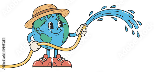 Planet Earth character wearing a straw hat and red sneakers happily waters the world with a garden hose, symbolizing environmental care.